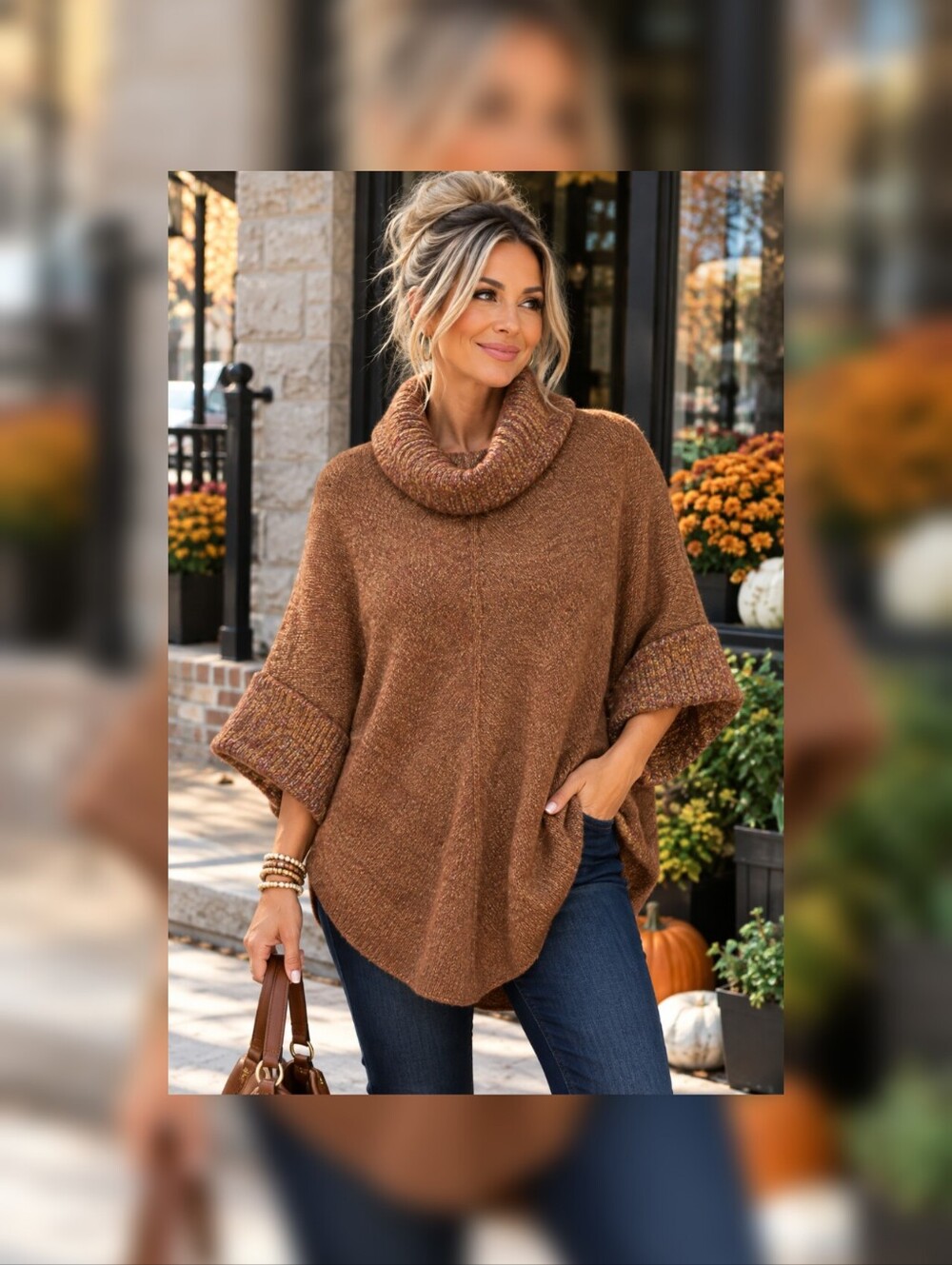 Alpaca Line Cowl Neck Poncho Sweater S